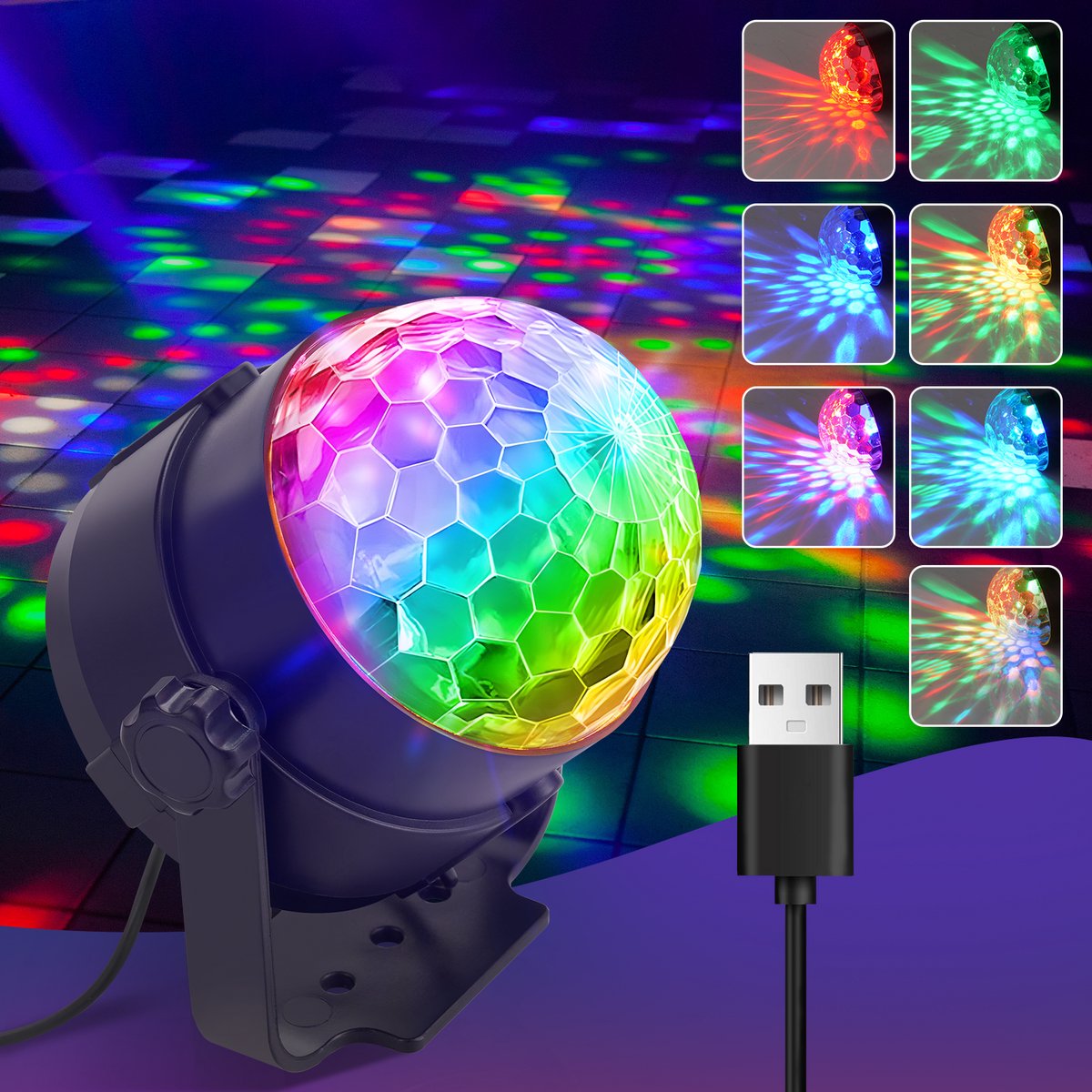   Discobal LED - 7 RGB - discolicht feestlicht - 360° draaiende discoballen - discobal muziekgestuurd - met USB discolicht - met kabel - feest thuis - voor Kinderkamer | Woonkamer